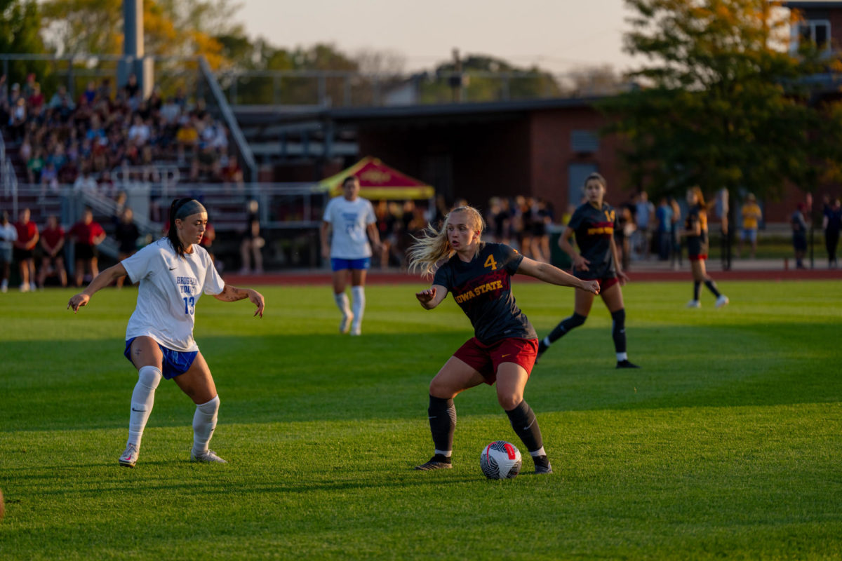 Maddie Brant dribbling around a defender during the Iowa State vs. BYU match, Cyclone Sports Complex, Oct. 2, 2023.