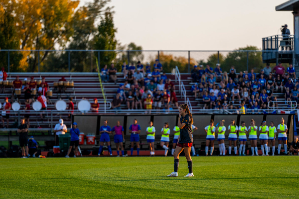 Olivia Edwards waiting for a free kick during the Iowa State vs. BYU match, Cyclone Sports Complex, Oct. 2nd, 2023.