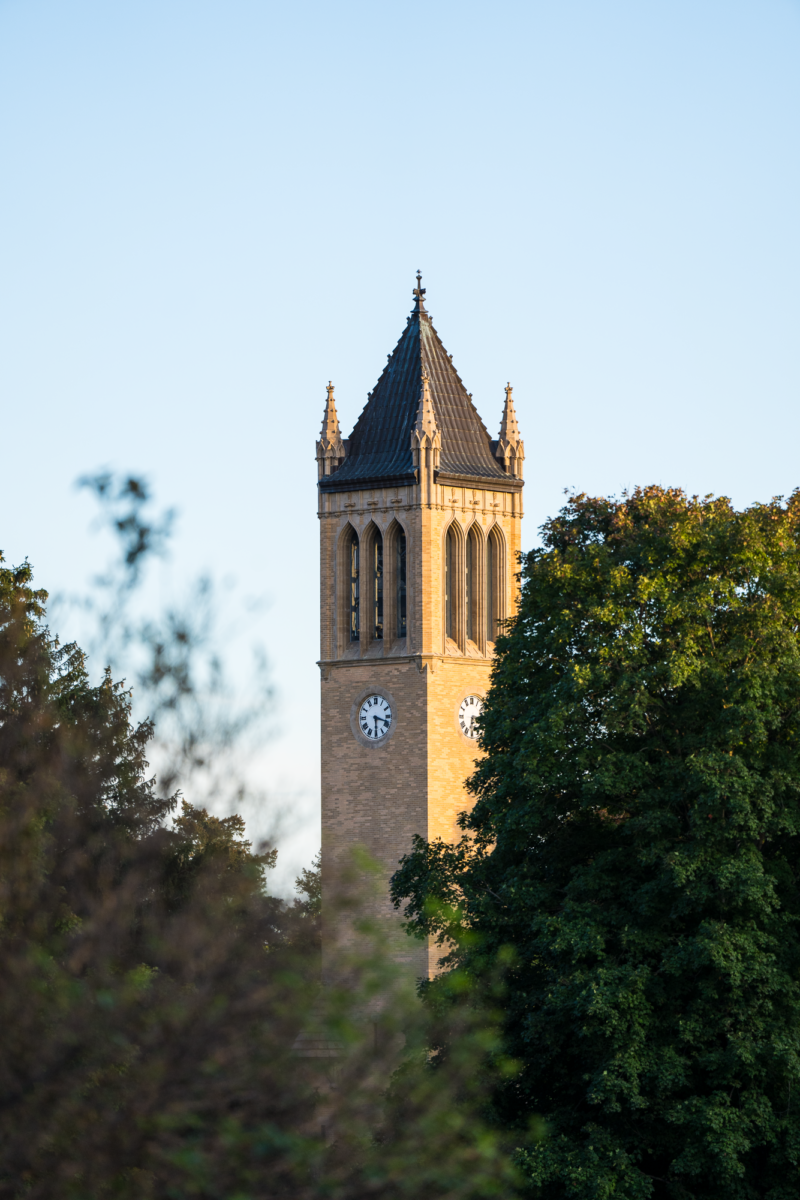 Campanile from a distance at dusk on Oct. 4, 2023.
