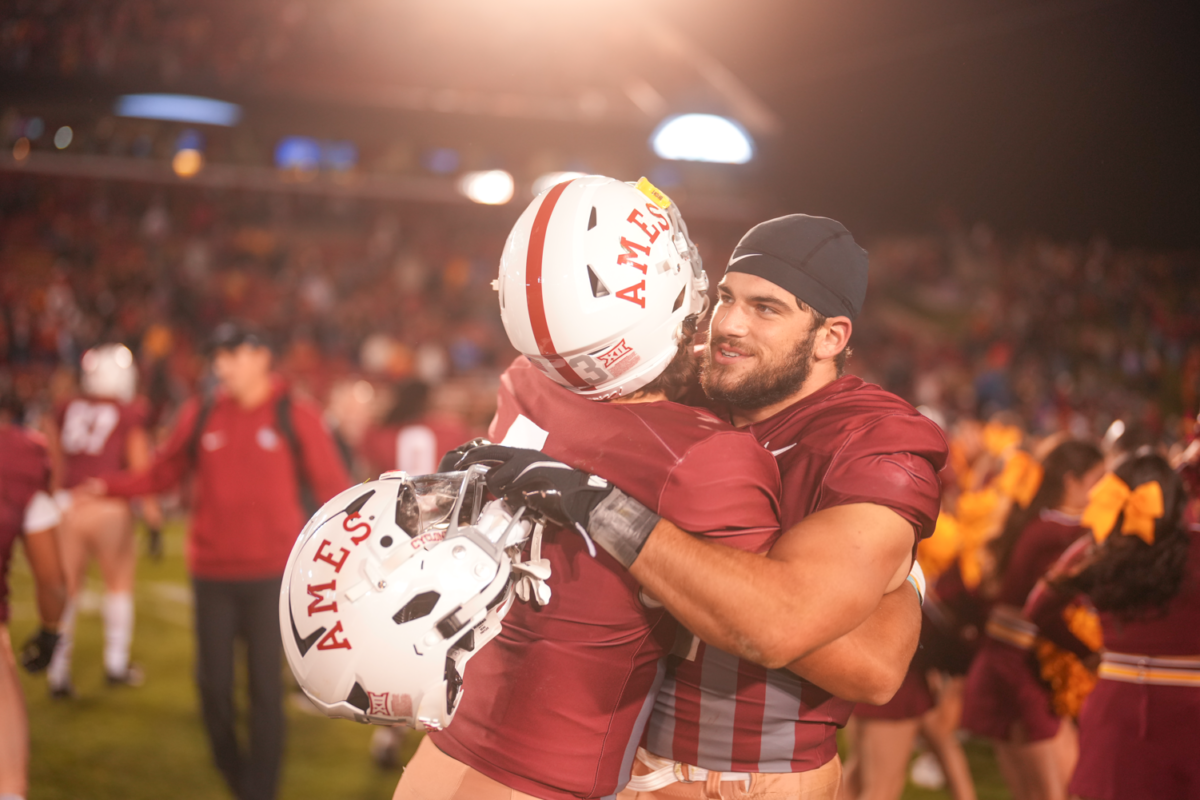 Beau Freyler and Rocco Becht hug it out after Iowa State defeats TCU 27-14 in the Jack Trice Legacy Game at Jack Trice Stadium on Oct. 7, 2023.