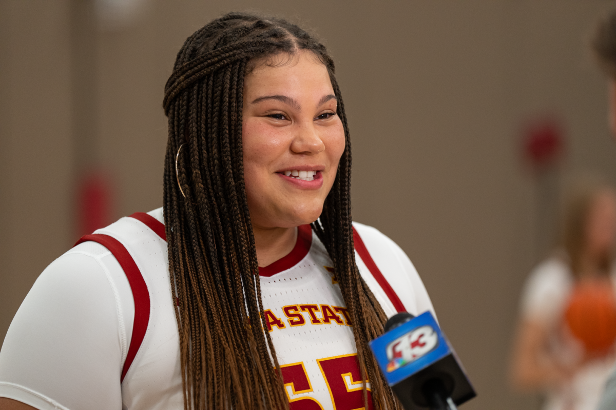 Freshman center from Algona, Iowa, Audi Crooks speaks with local media  during the Iowa State womens basketball media day, Sukup Basketball Complex, Oct. 12, 2023. 