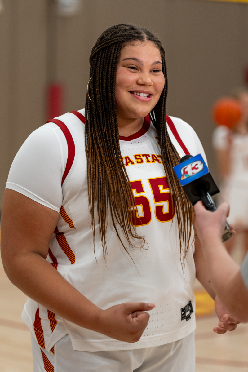 Freshman center from Algona, Iowa Audi Crooks speaks with local media  during the Iowa State womens basketball media day, Sukup Basketball Complex, Oct. 12, 2023. 