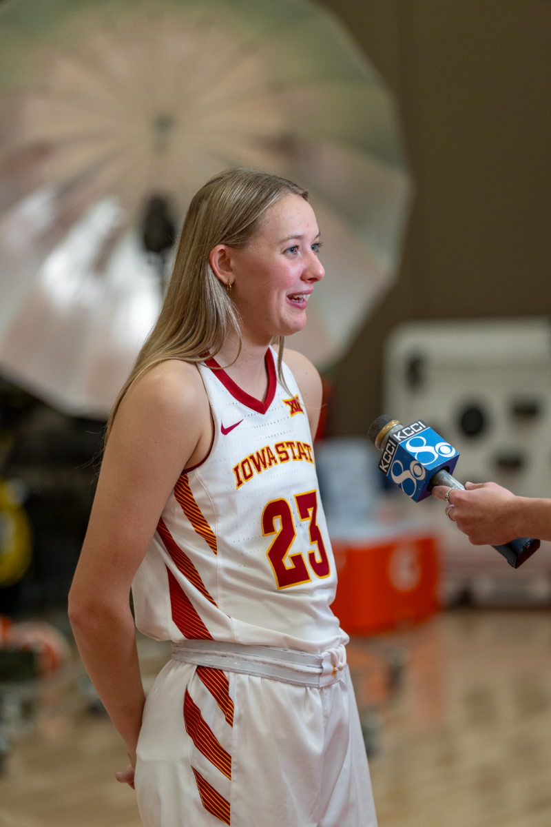 Freshman guard Kelsey Joens speaks with local media during the Iowa State womens basketball media day, Sukup Basketball Complex, Oct. 12, 2023. 