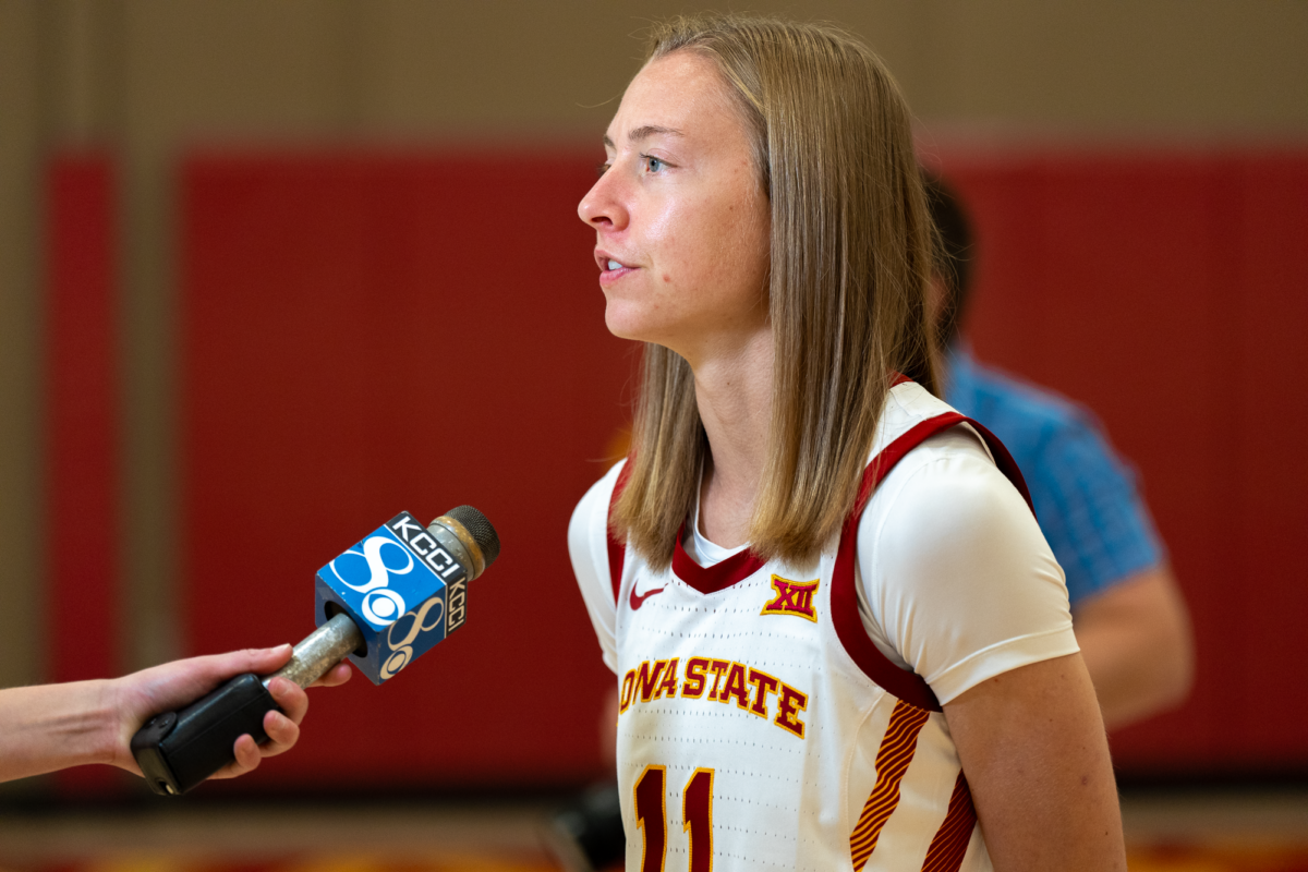 Senior guard Emily Ryan speaks with local media during the Iowa State womens basketball media day, Sukup Basketball Complex, Oct. 12, 2023. 