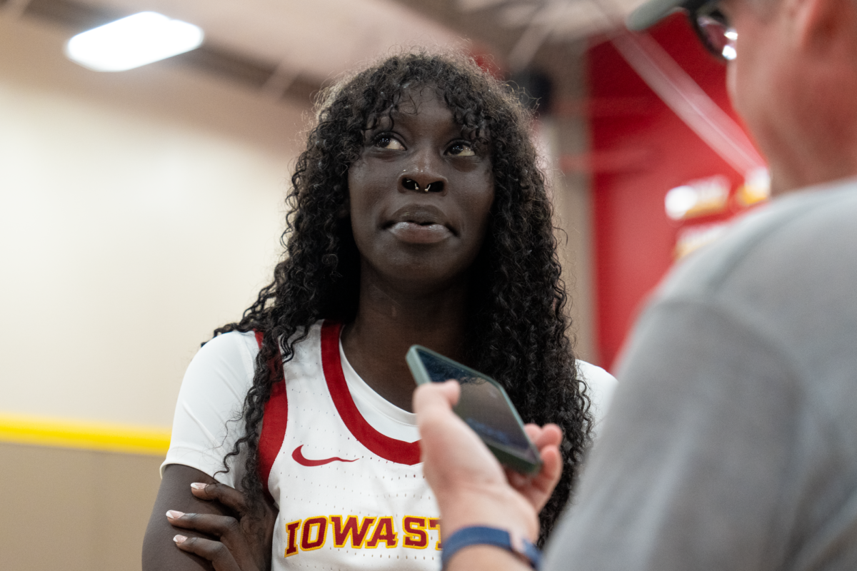 Senior forward Nyamer Diew speaks with local media during the Iowa State womens basketball media day, Sukup Basketball Complex, Oct. 12, 2023. 