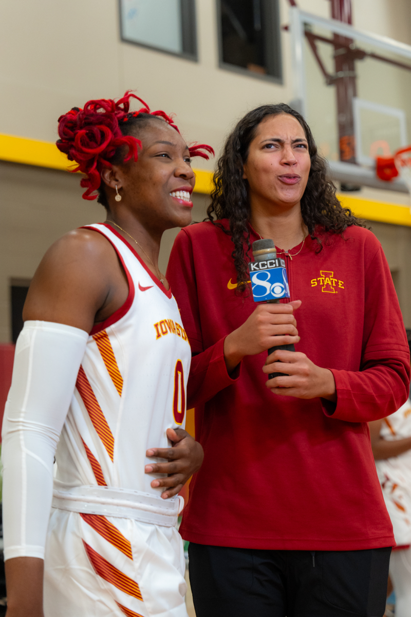 Senior center Isnelle Natabou and graduate assistant Stephanie Soares speak with local media during the Iowa State womens basketball media day, Sukup Basketball Complex, Oct. 12, 2023. 