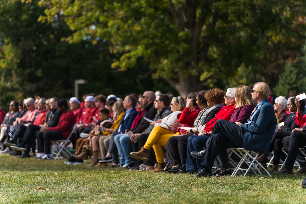 A large crowds attends the Jack Trice 100-Year Commemoration Closing Ceremony on central campus near the Campanile on Sunday, Oct. 8, 2023.