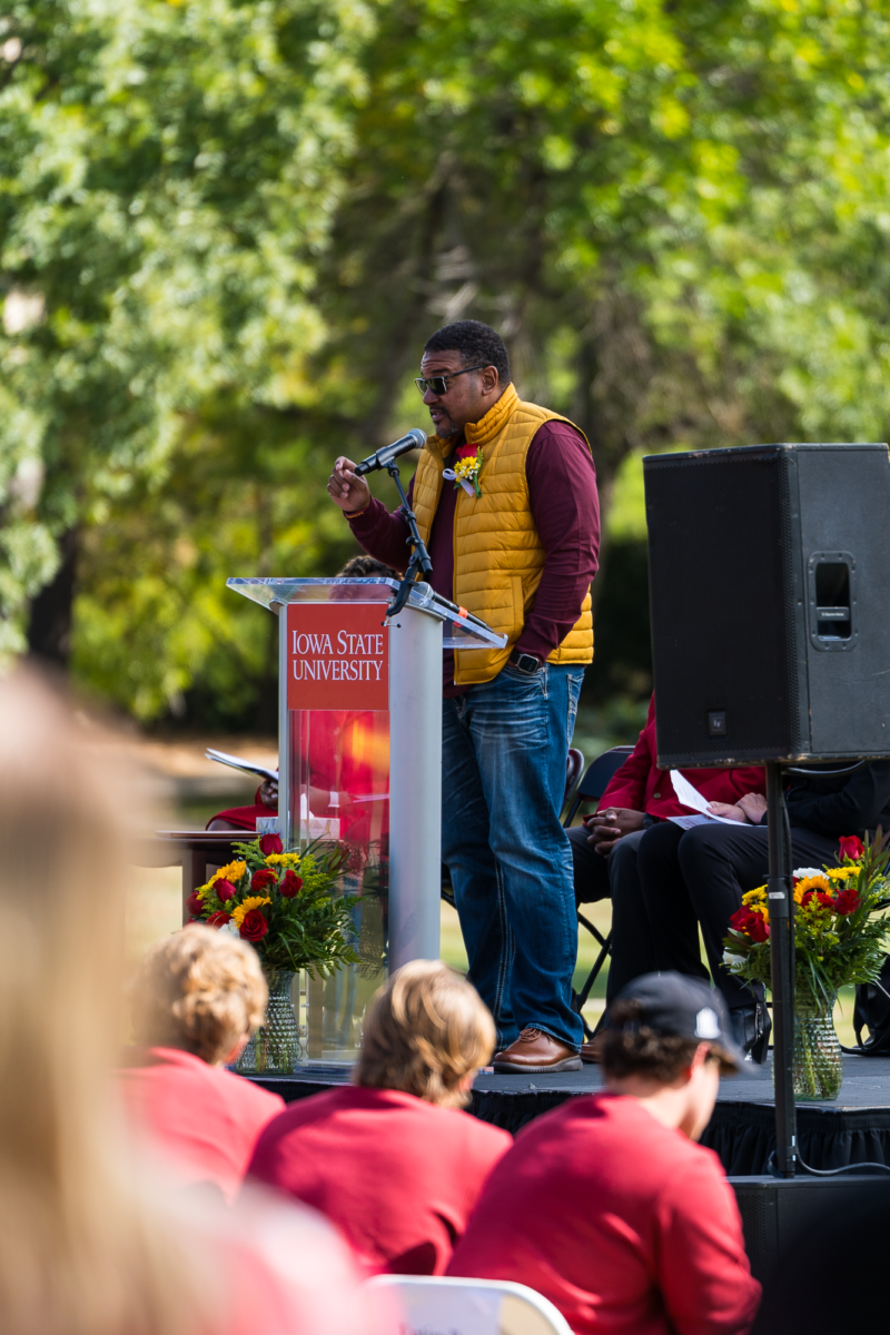George Trice, cousin of Jack Trice, gives his remarks for the Closing Ceremony of the Jack Trice 100-Year Commemoration on Sunday, Oct. 8, 2023.