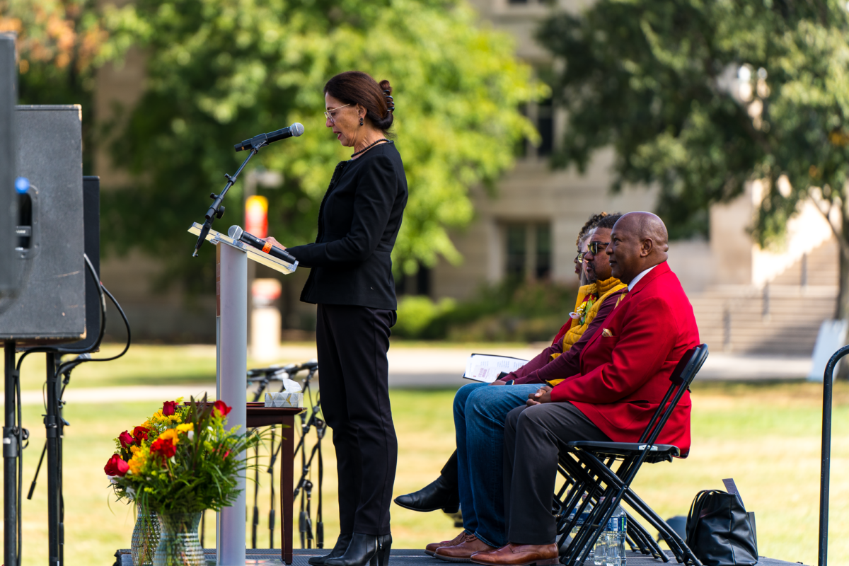 Iowa State Student Body President from 1975-1976 Jill Wagner giving her introduction to the 2023 Jack Trice Endowed Scholarship Recipient Gerry Vaughn on Oct. 8, 2023.