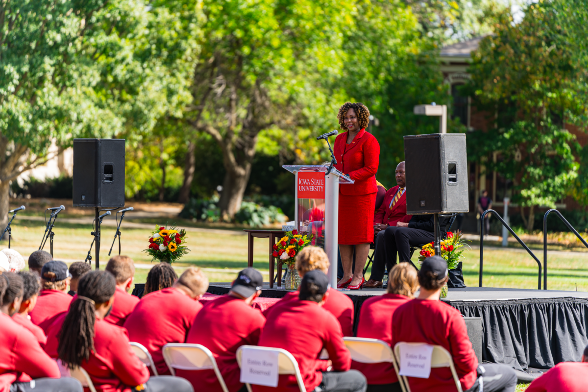 Senior Vice President of Student Affairs Dr. Toyia Younger giving her closing Remarks to the crowd at the Jack Trice 100-Year Commemoration Closing Ceremony on Oct. 8, 2023.