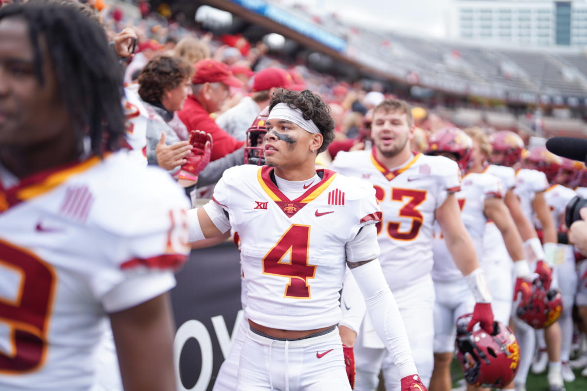 Jeremiah Cooper greets the Iowa State fans that made their way to Cincinnati after the Cyclones defeated the Bearcats 30-10 at Nippert Stadium on Oct. 14, 2023.