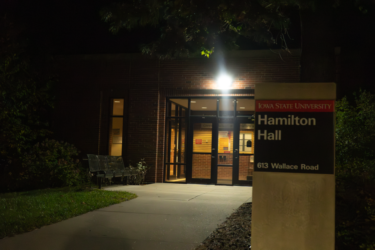 The exterior of Hamilton Hall the night of Oct. 16, 2023.