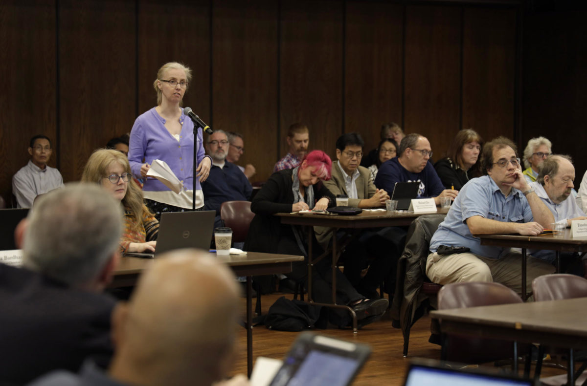 Faculty Senate executive board member, Annemarie Butler, asks a question regarding faculty salary during the meeting on Oct. 10, 2023.