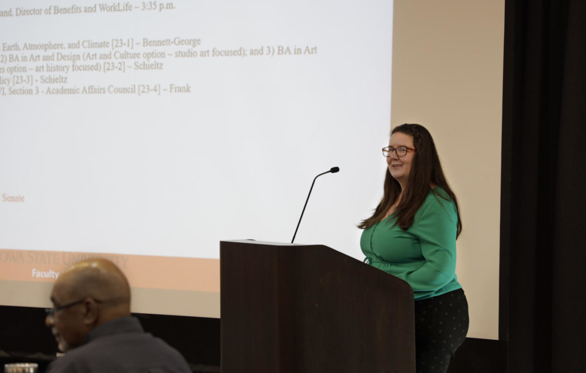 Faculty Senate President, Sarah Bennett-George during the meeting at the Memorial Union on Oct. 10, 2023.