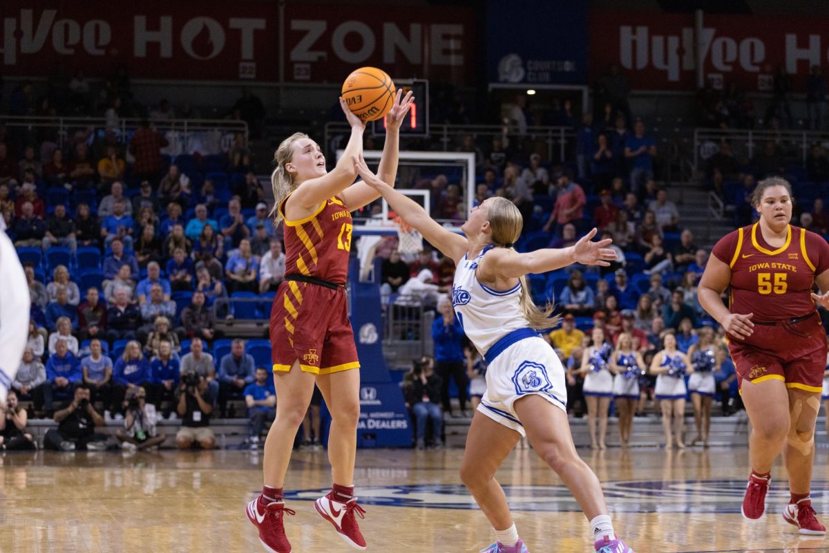Hannah Belanger attempts a 3-pointer at the Iowa State vs. Drake game, Knapp Center in Des Moines, Iowa, Nov. 12, 2023.
