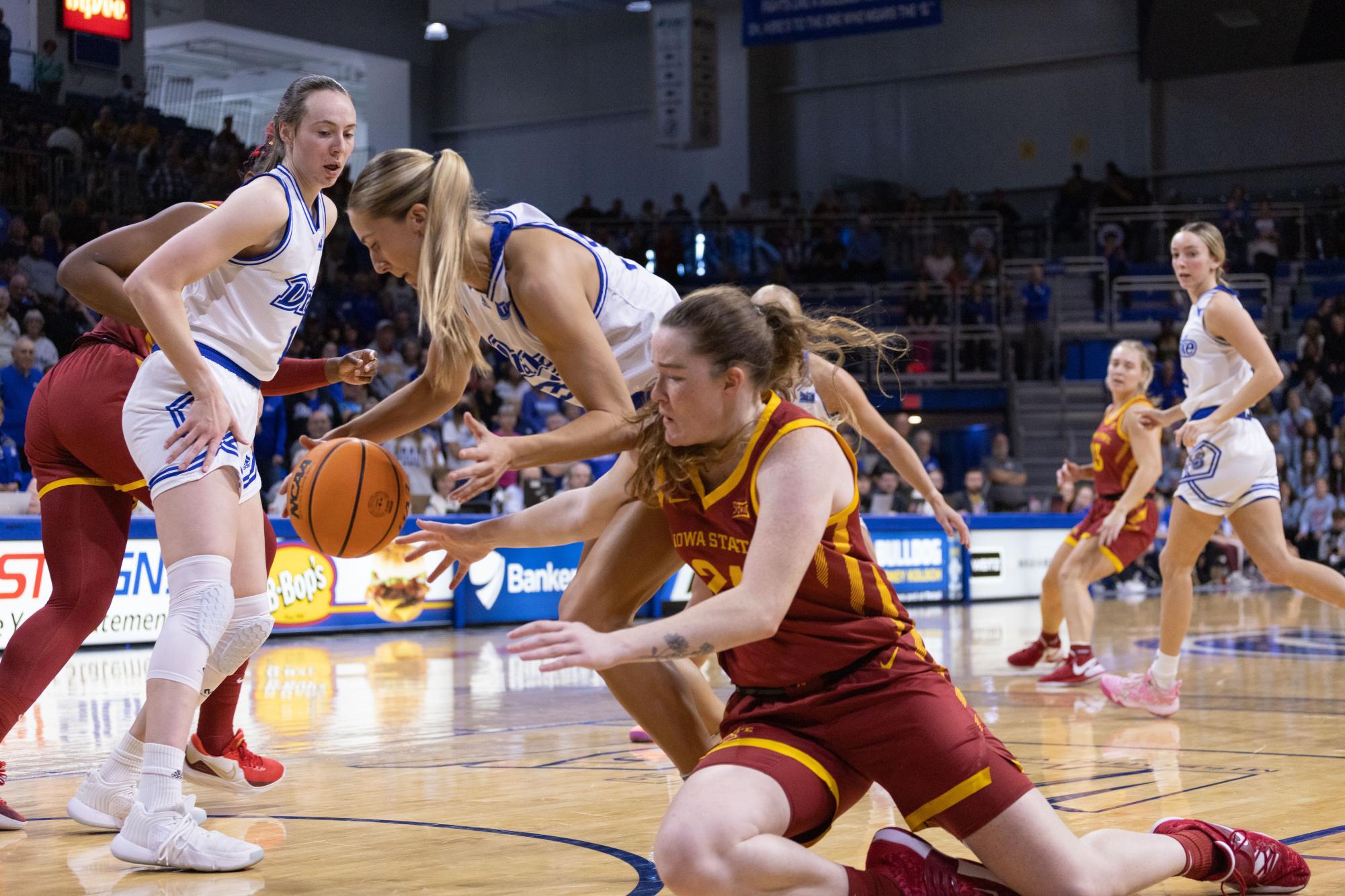 Addy Brown fights for the ball at the Iowa State vs. Drake game, Knapp Center in Des Moines, Iowa, Nov. 12, 2023.