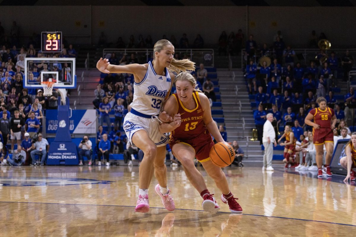 Hannah Belanger pushes against defender at the Iowa State vs. Drake game, Knapp Center in Des Moines, Iowa, Nov. 12, 2023.