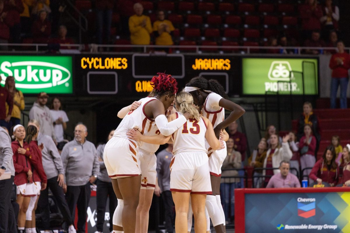 Cyclones huddle before tipoff during the Iowa State vs Southern Womens Basketball Game, Hilton Coliseum, Nov. 20, 2023.