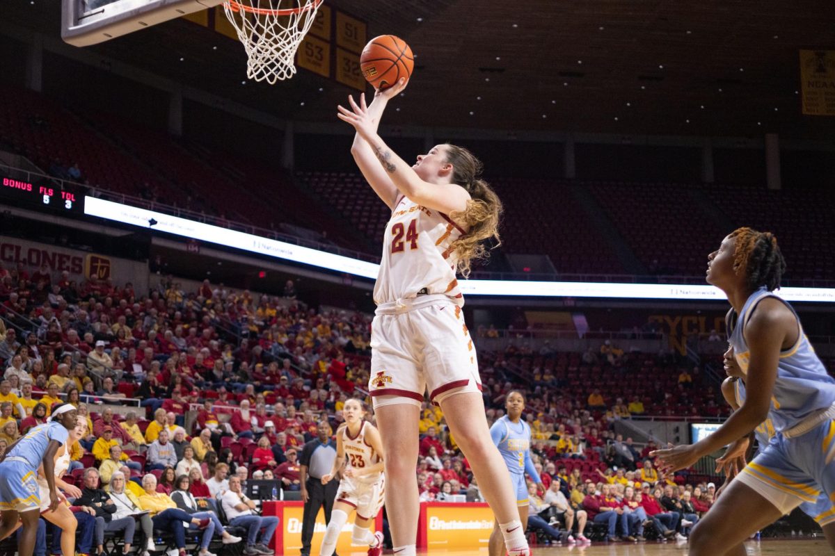 Addy Brown attempts a layup while unguarded during the Iowa State vs Southern Womens Basketball Game, Hilton Coliseum, Nov. 20, 2023.