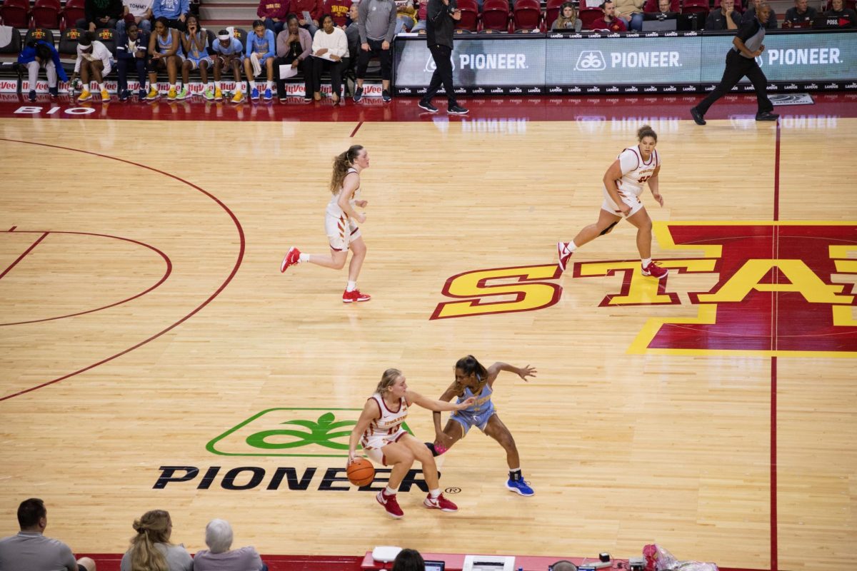 Hannah Belanger tries to get past a defender as Iowa State moves up-court during the Iowa State vs Southern Womens Basketball Game, Hilton Coliseum, Nov. 20, 2023.