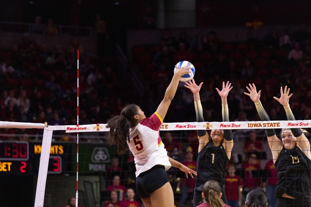 Maya Duckworth attempts a spike during the Iowa State vs. University of Central Florida Volleyball Game, Hilton Coliseum, Nov. 22, 2023.