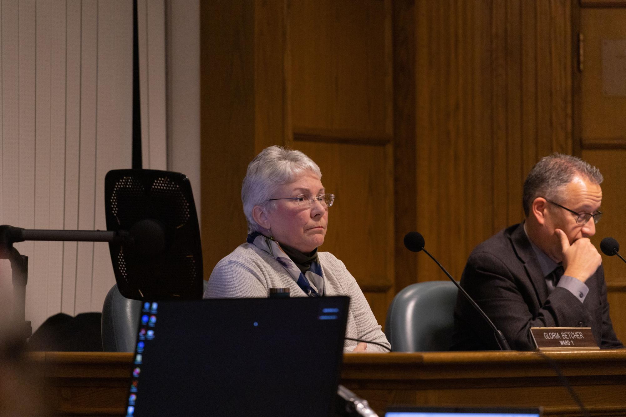 Ames City Council Member Gloria Betcher listens to presentation during city council meeting, Nov. 28, 2023.