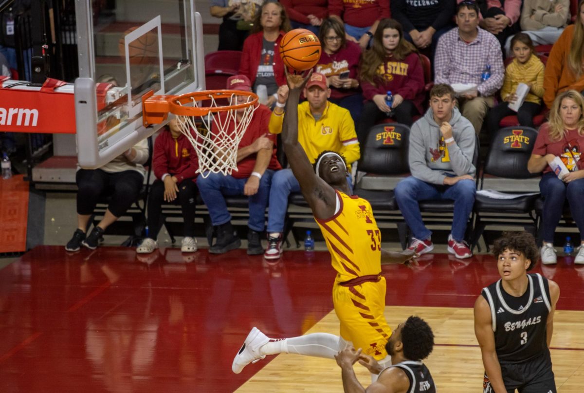 Omaha Biliew trying to convert off of a lob during the Iowa State vs. Idaho State match, Hilton Coliseum, Nov. 12, 2023.