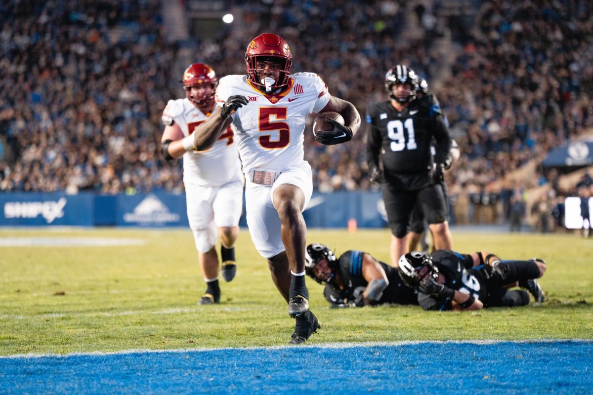 Cartevious Norton steps into the end zone during the Iowa State vs. BYU football game. LaVell Edwards Stadium, Provo, Utah, Nov. 11, 2023