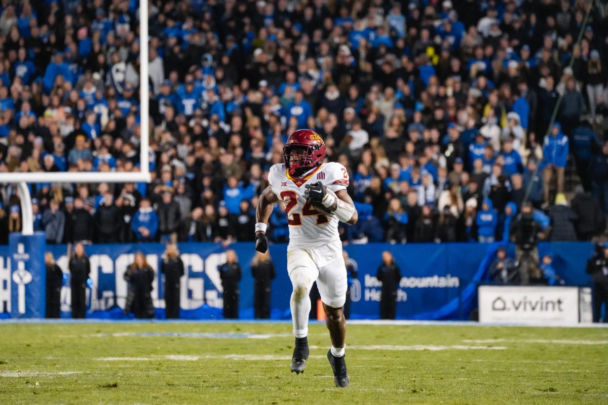 Abu Sama III rushes toward the end zone to complete a touchdown. Iowa State vs. BYU football game. LaVell Edwards Stadium, Provo, Utah, Nov. 11, 2023