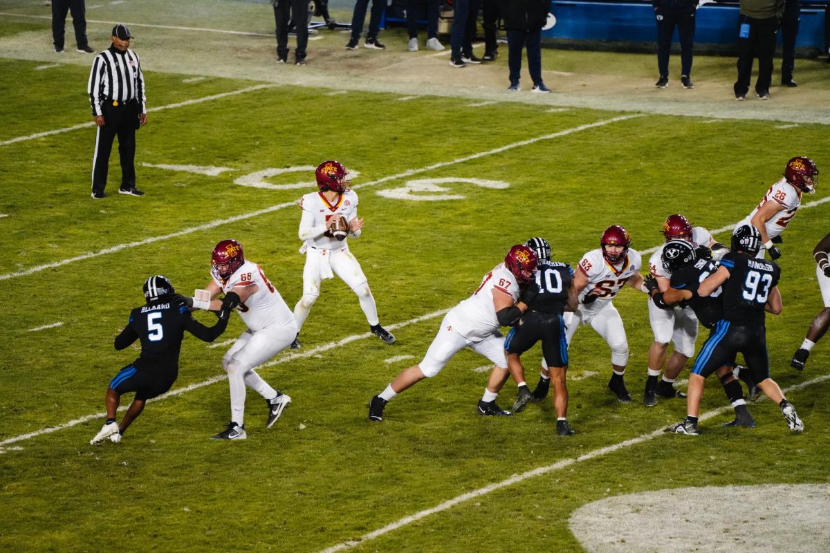 Rocco Becht scans the field for an open receiver during the ISU vs. BYU football game. LaVell Edwards Stadium, Provo, Utah, Nov. 11, 2023