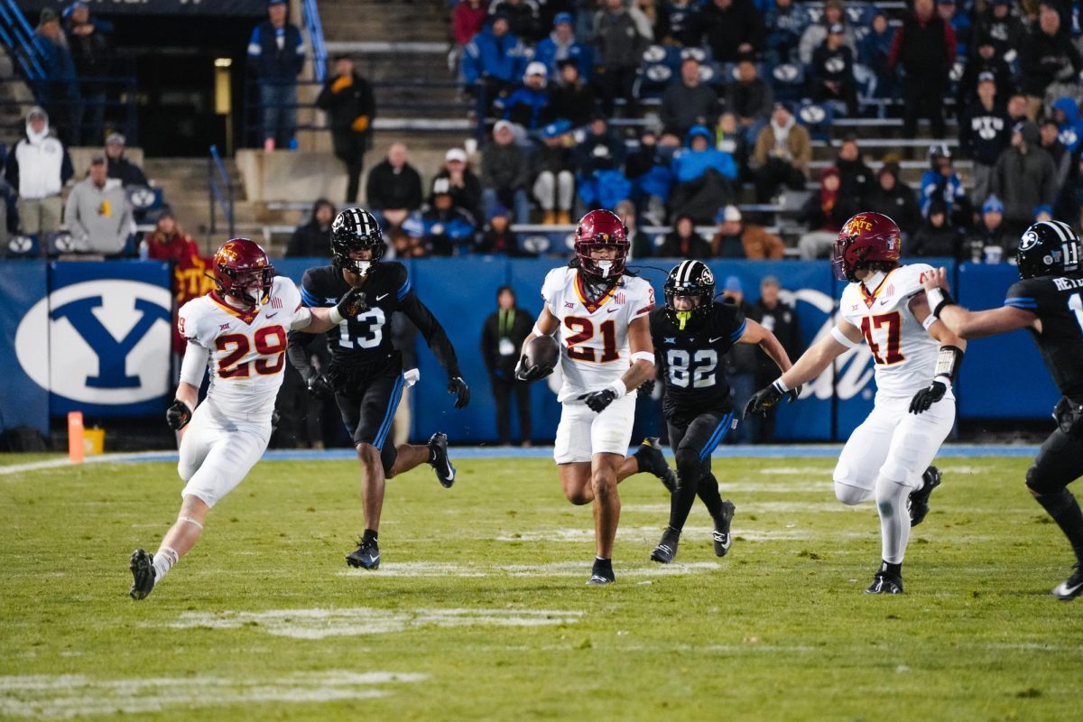 Jamison Patton rushes toward the end zone after completing an interception at the ISU vs. BYU football game. LaVell Edwards Stadium, Provo, Utah, Nov. 11, 2023