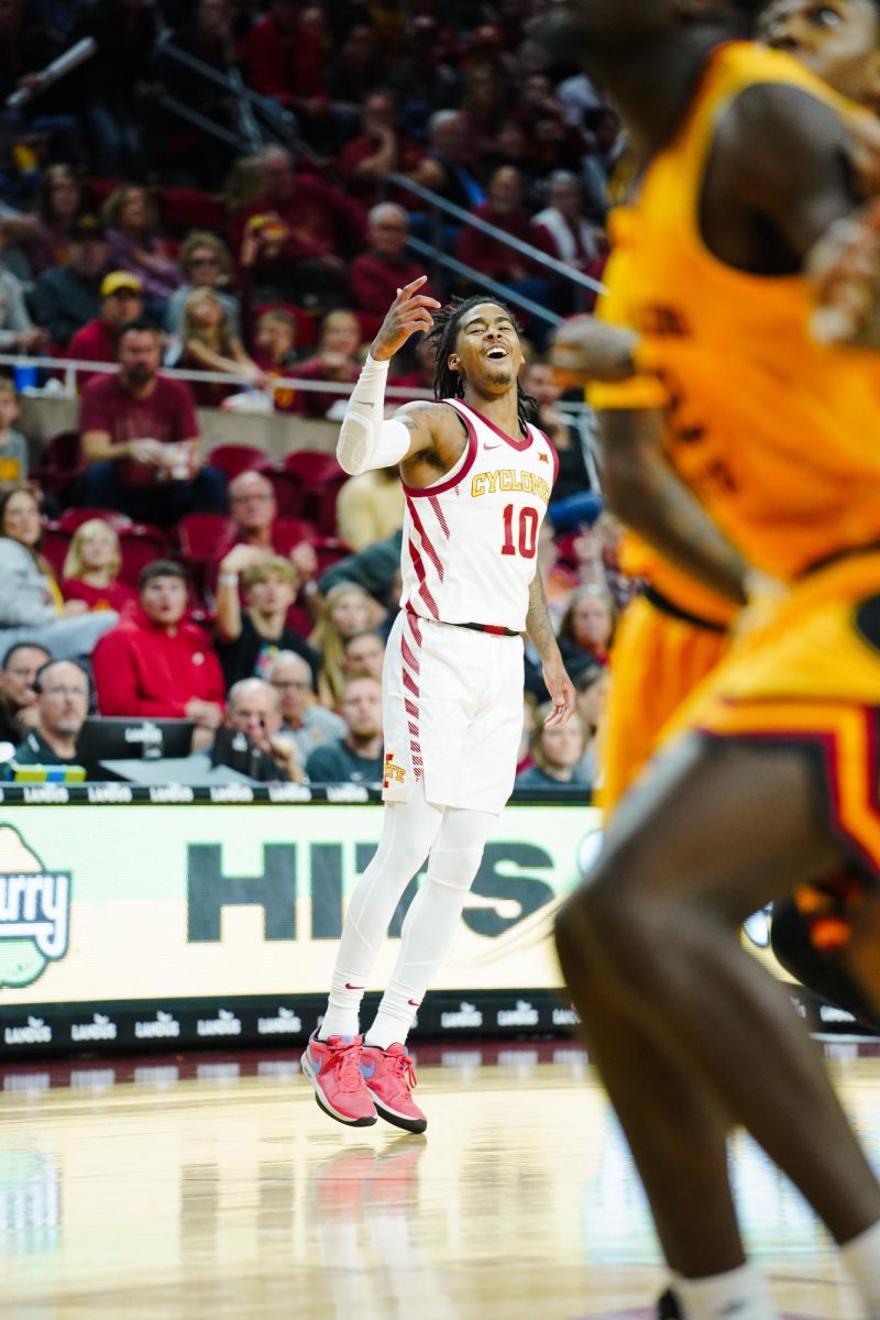 Iowa State guard Keshon Gilbert celebrates a three pointer during the ISU vs. Grambling State men's basketball game, Hilton Coliseum, Nov. 19, 2023.