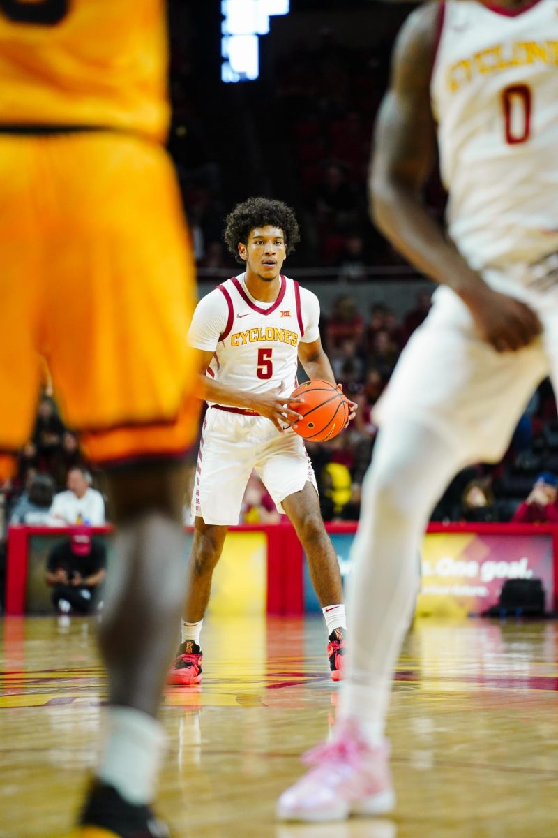 Curtis Jones scans the court during the ISU vs. Grambling State men's basketball game, Hilton Coliseum, Nov. 19, 2023.