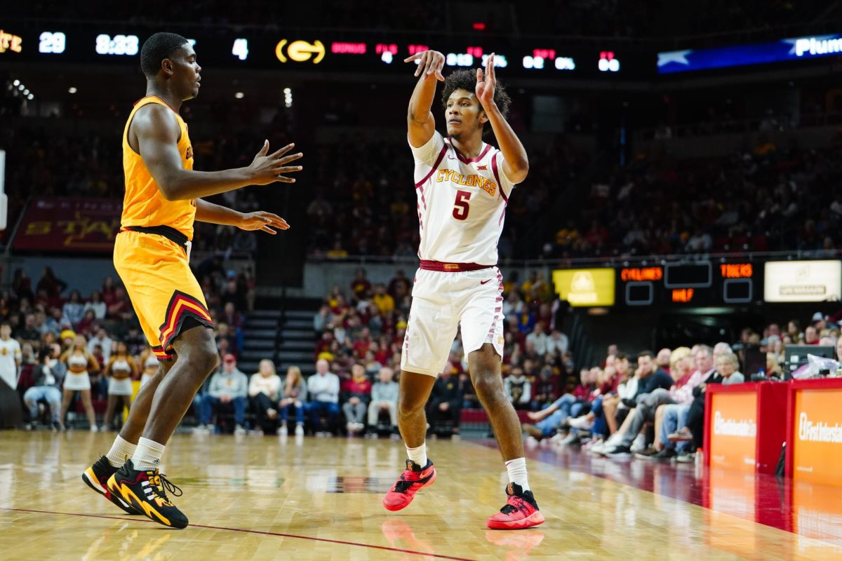 Curtis Jones passes the ball during the ISU vs. Grambling State men's basketball game, Hilton Coliseum, Nov. 19, 2023.