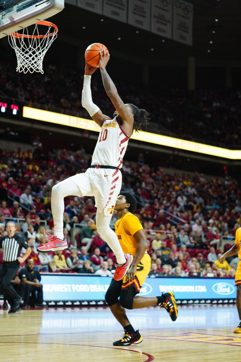 Keshon Gilbert goes up for a dunk during the ISU vs. Grambling State men's basketball game, Hilton Coliseum, Nov. 19, 2023.