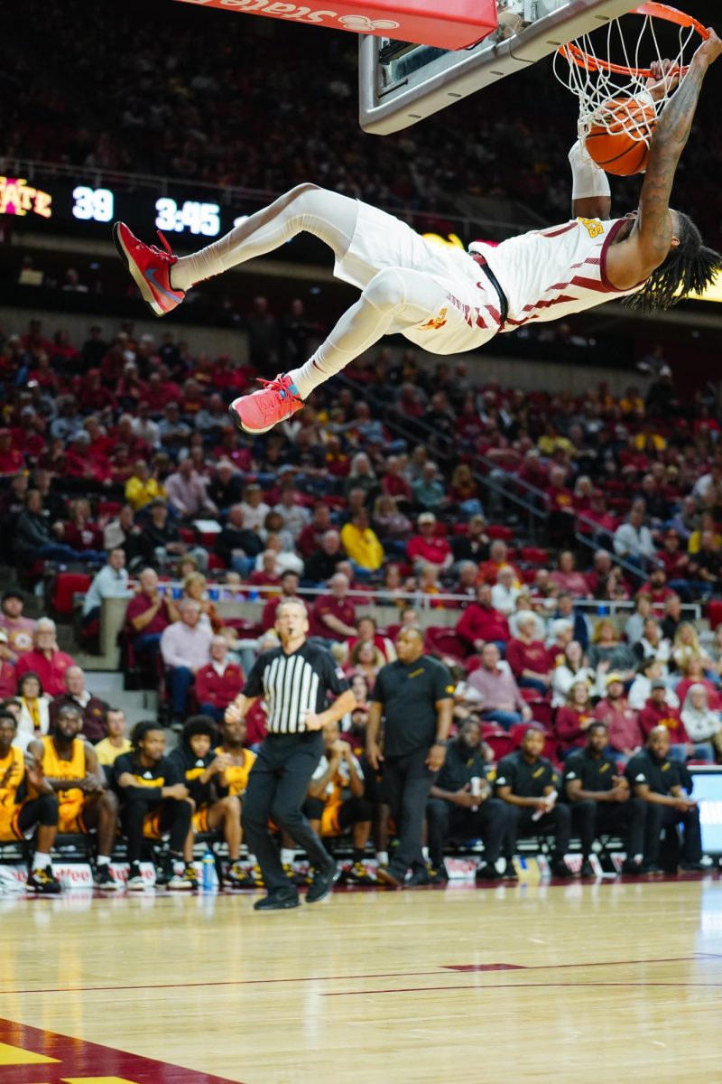 Keshon Gilbert makes a dunk, picking up a technical foul during the ISU vs. Grambling State men's basketball game, Hilton Coliseum, Nov. 19, 2023.