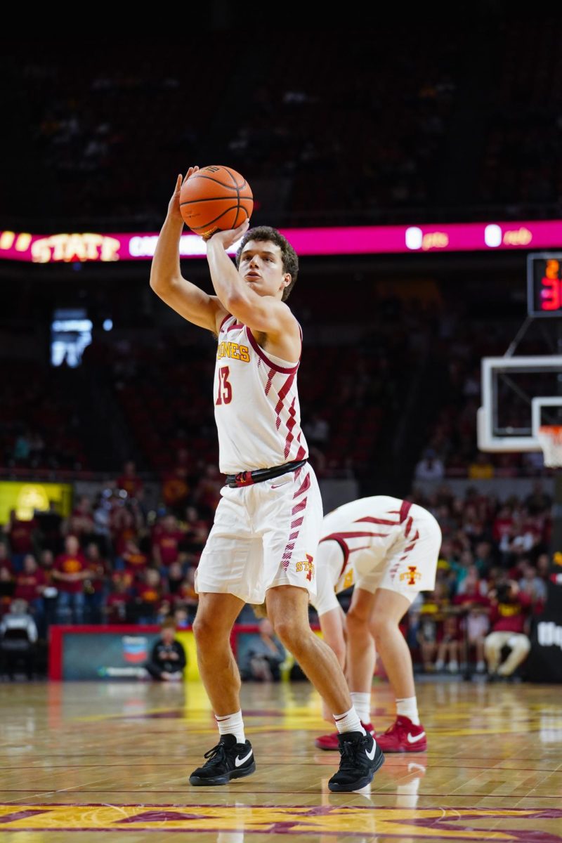 Cade Kelderman shoots a free throw during the ISU vs. Grambling State men's basketball game, Hilton Coliseum, Nov. 19, 2023.