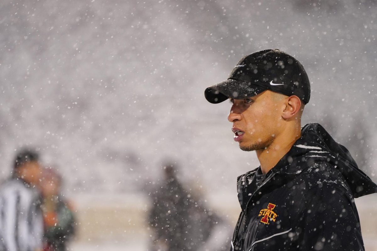 Nate Scheelhaase, stands on the field during pregame of the Iowa State vs. Kansas State football game at Bill Snyder Family Stadium on Nov. 25, 2023 in Manhattan, KS.