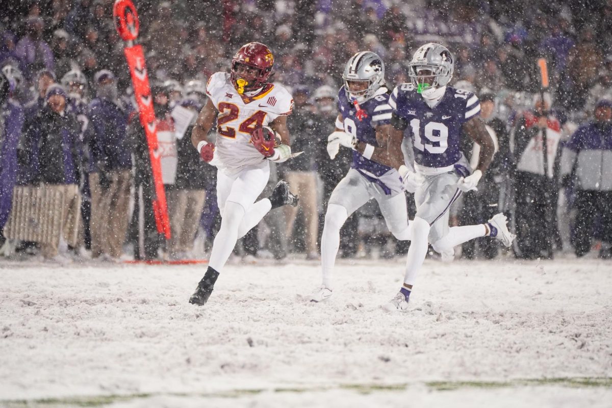 Abu Sama III rushing for his second touchdown at the Iowa State vs. Kansas State football game at Bill Snyder Family Stadium on Nov. 25, 2023 in Manhattan, Kansas.