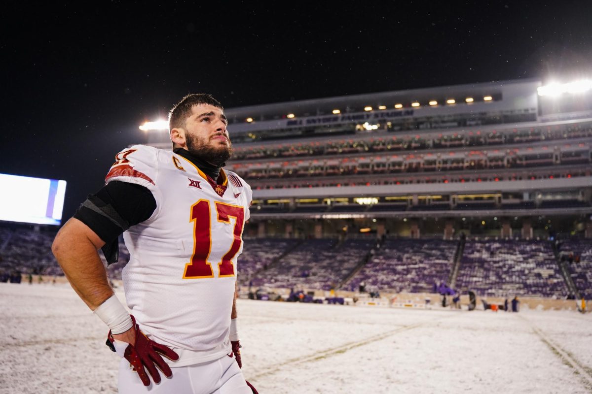 Junior defensive back Beau Freyler walks off the field after winning the final game of the 2023 season for Iowa State. Iowa State vs. Kansas State football game at Bill Snyder Family Stadium on Nov. 25, 2023 in Manhattan, Kansas.  