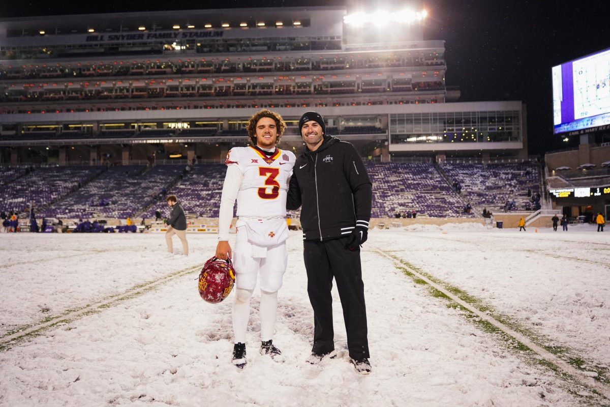 Rocco Becht poses with quality control coach Jake Waters after the Iowa State vs. Kansas State football game at Bill Snyder Family Stadium on Nov. 25, 2023 in Manhattan, KS.