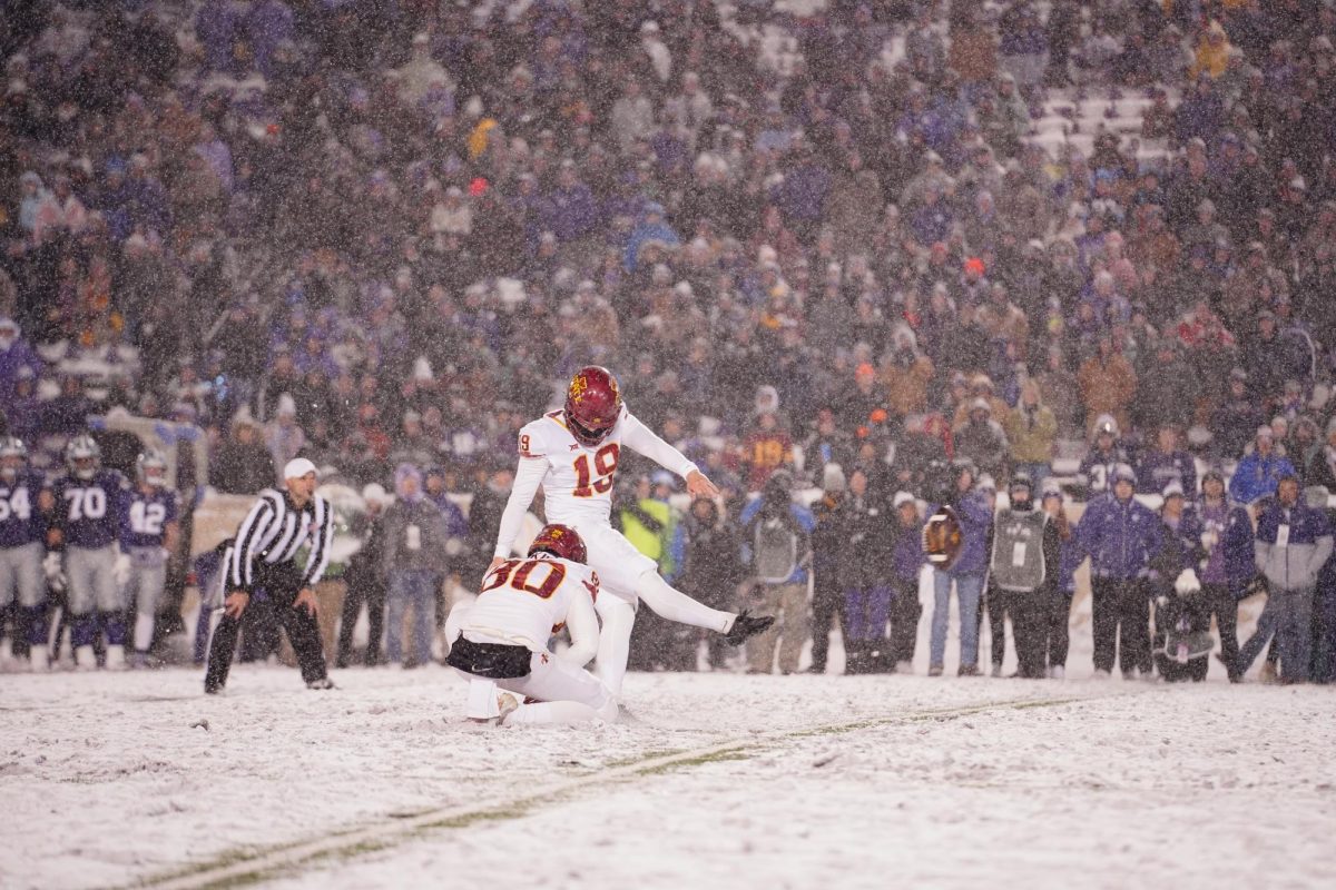 Chase Contreraz kicks his first field goal at the Iowa State vs. Kansas State football game at Bill Snyder Family Stadium on Nov. 25, 2023 in Manhattan, KS.