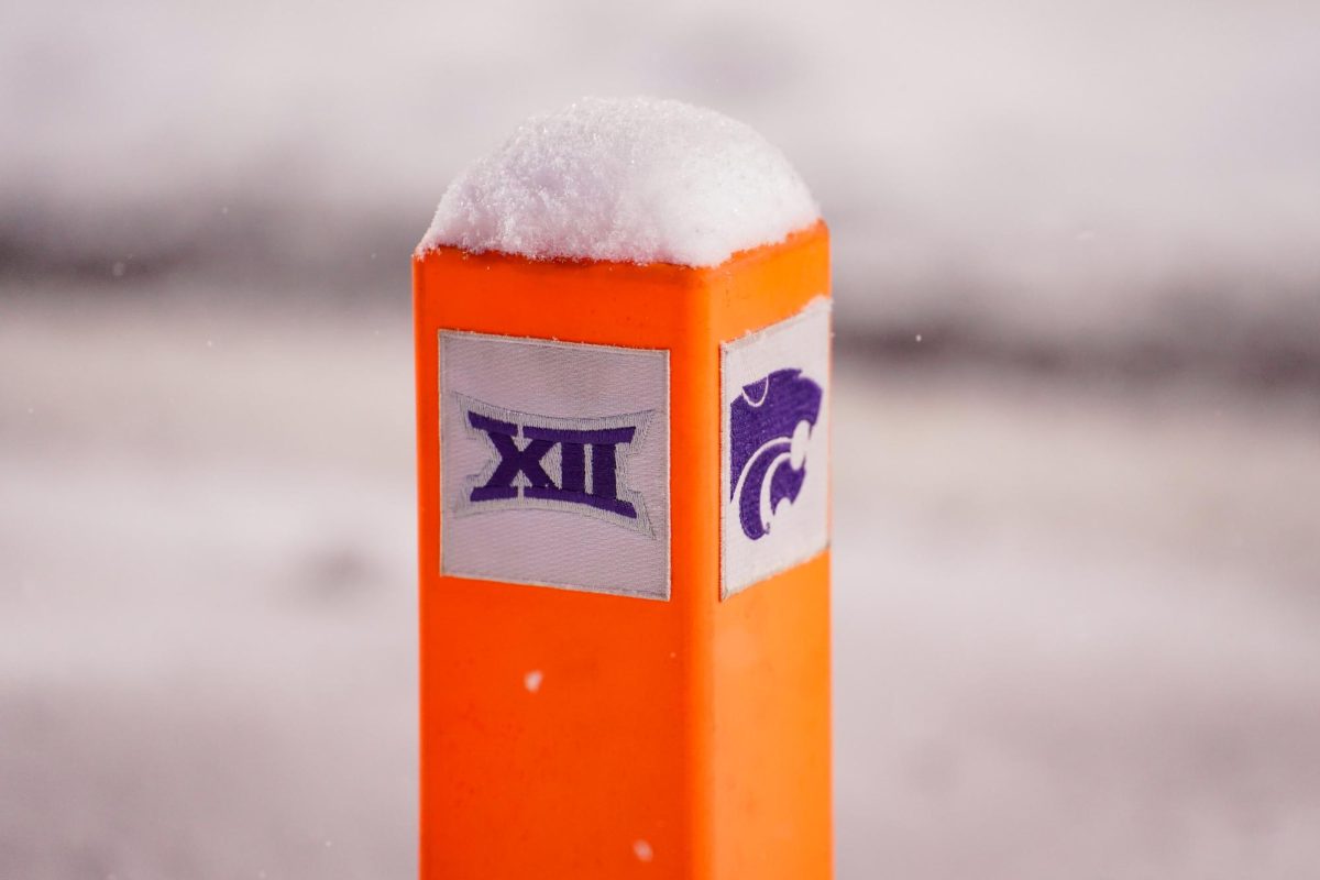 Kansas State pylon covered in snow at the Iowa State vs. Kansas State football game at Bill Snyder Family Stadium on Nov. 25, 2023 in Manhattan, KS.