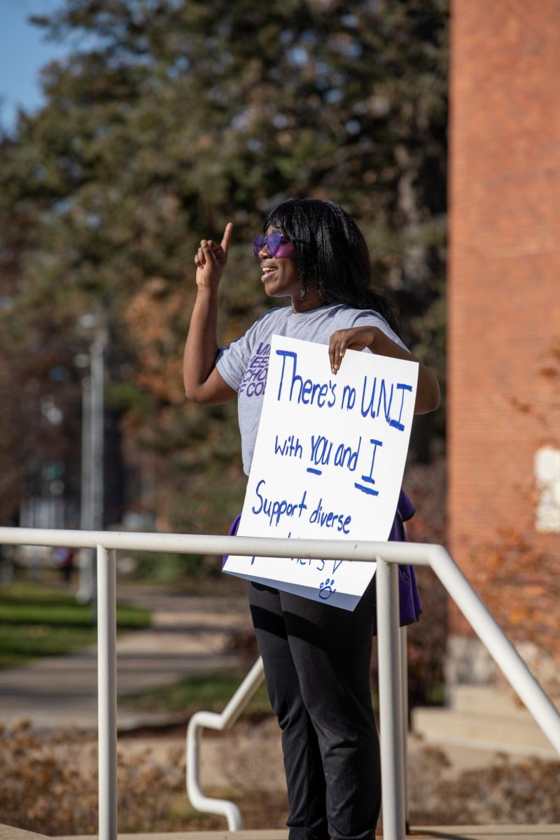  A protestor speaks on Northern Iowas central campus. People in opposition to the Board of Regents diversity, equity and inclusion report spoke during open forum at Wednesdays meeting. (Jacob Kurt for the Northern Iowan)