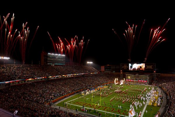 Opening fireworks being shot off during Iowa States run out in the Iowa State vs. Texas football game on Nov. 18, 2023 in Jack Trice Stadium.