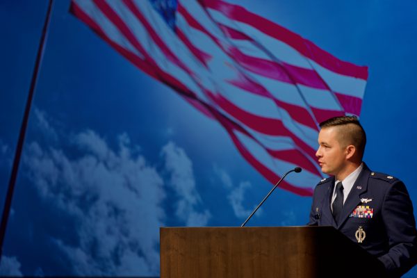 Air Force Lt. Col. Eric Lopez talking with the crowd at the Gold Star Hall Ceremony event in the Memorial Unions Great Hall on Nov. 6, 2023.