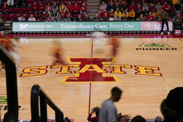 Iowa State and Lindenwood players run down the court at Hilton Coliseum on Nov. 9, 2023.