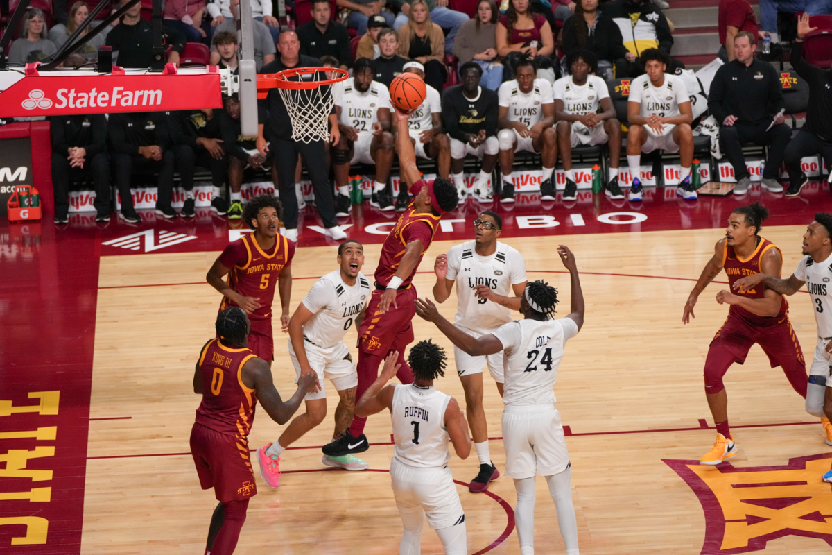 Tamin Lipsey gets all the way to the hole for two against Lindenwood at Hilton Coliseum on Nov. 9, 2023.