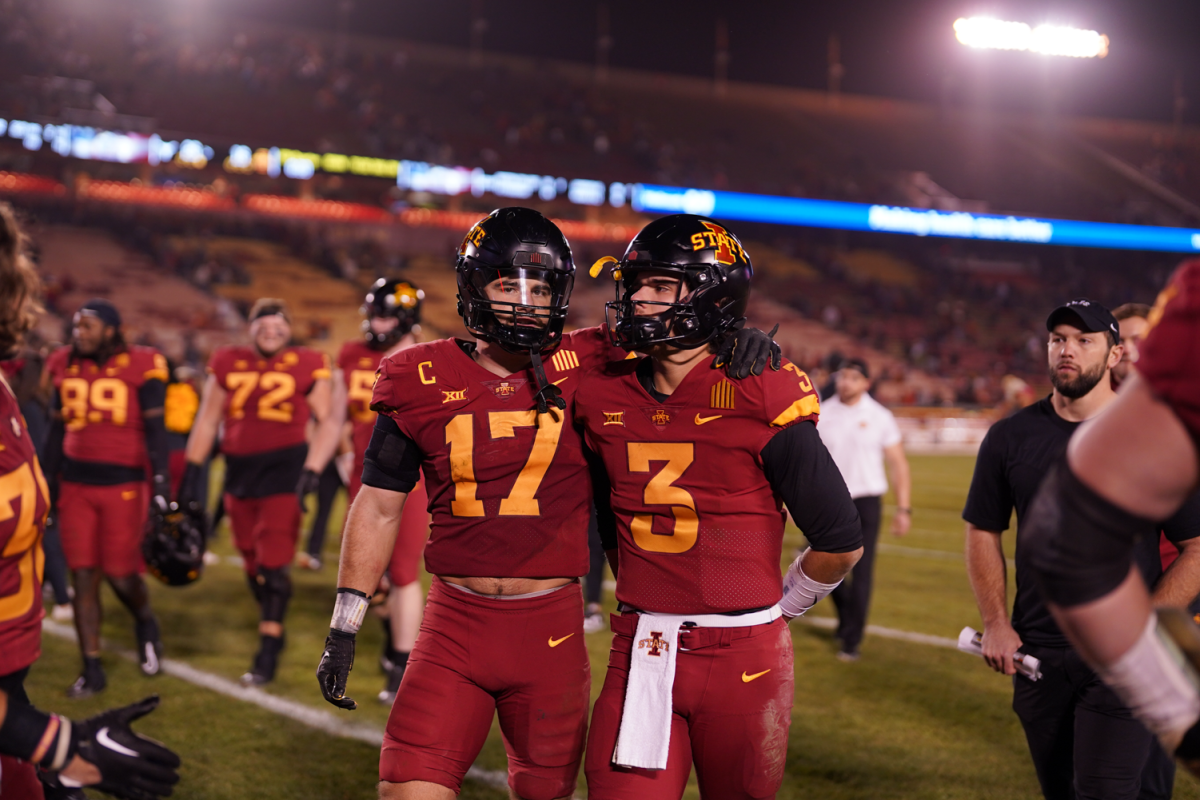 Beau Freyler and Rocco Becht walk off the field Texas defeats Iowa State 26-16 at Jack Trice Stadium on Nov. 18, 2023.