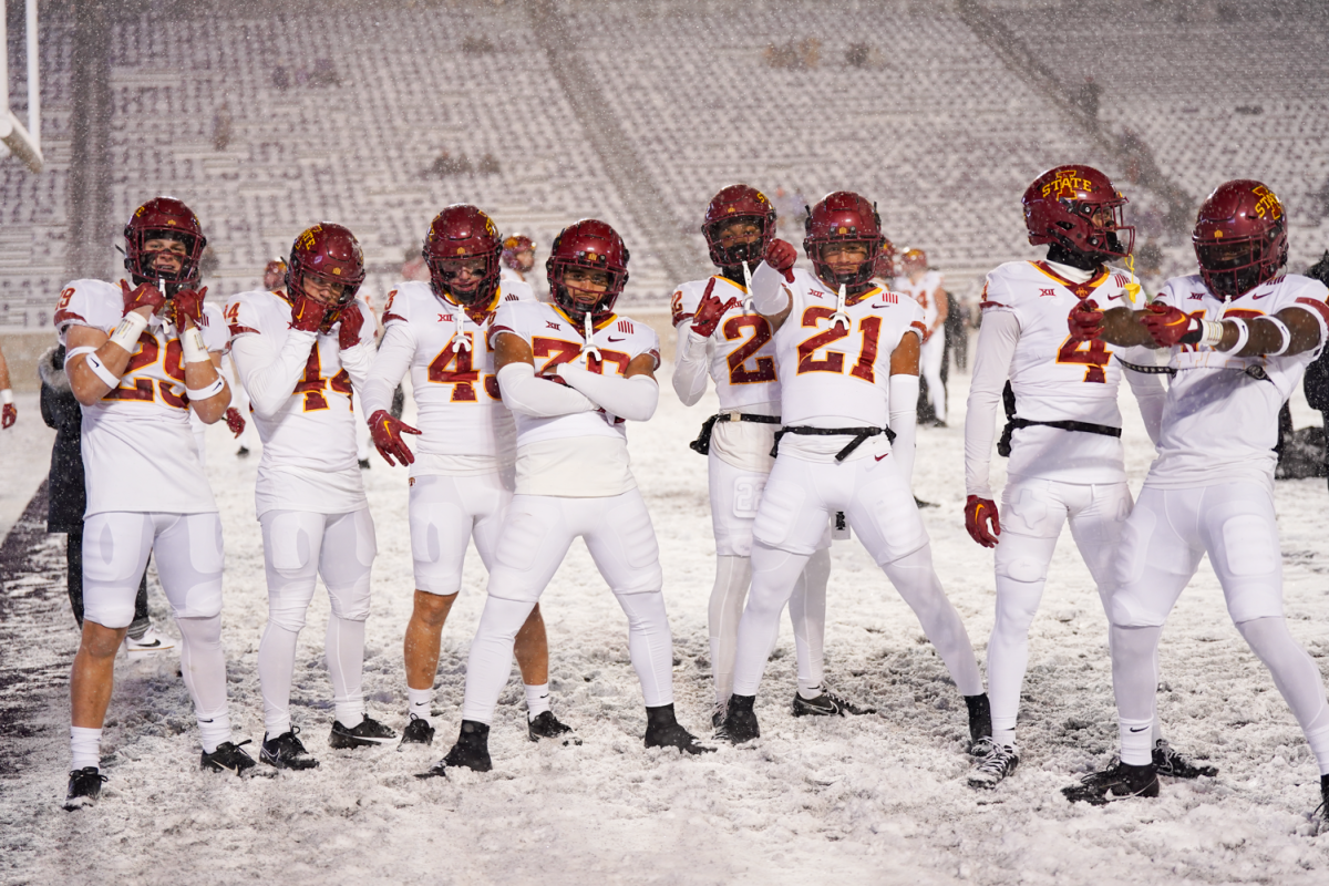 A+group+of+Iowa+State+defensive+backs+poses+for+a+photo+during+warmups+at+the+Iowa+State+vs.+Kansas+State+football+game+at+Bill+Snyder+Family+Stadium+on+Nov.+25%2C+2023+in+Manhattan%2C+KS.